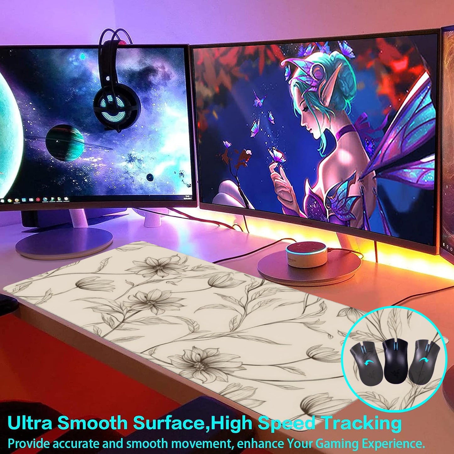 XXL Mouse Pad,Minimalist Flowers Large Gaming Mouse Pad,Abstract line Floral Desk Mat for Desktop,Extended Big Computer Keyboard Desk Pad with Non-Slip Base and Stitched Edges 35.4"x15.7"