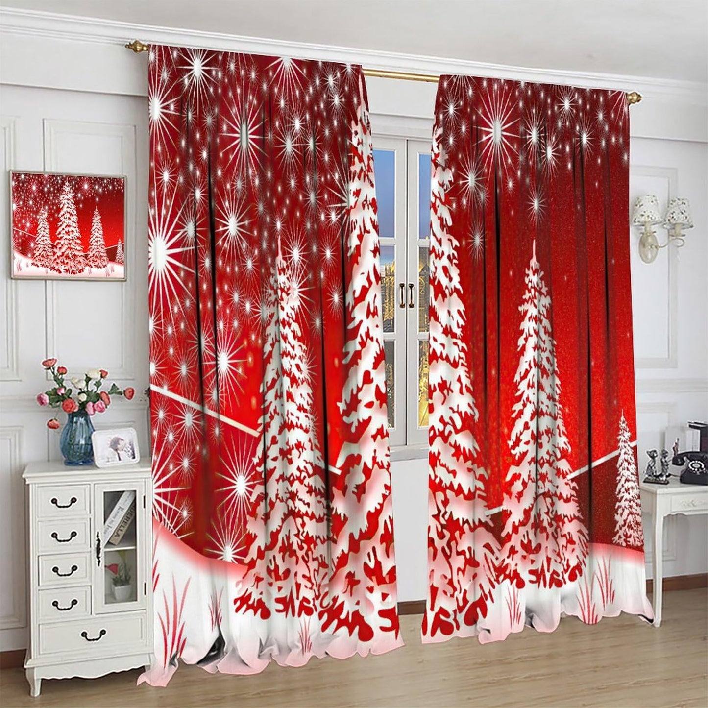 ICMOLYYENLO Christmas Curtains Santa Reindeer Sleigh Christmas Winter Decorative Curtains W42x45 Inch for Kitchen Bedroom Living Room Children's Room Decorative Curtains 2 Piece Set