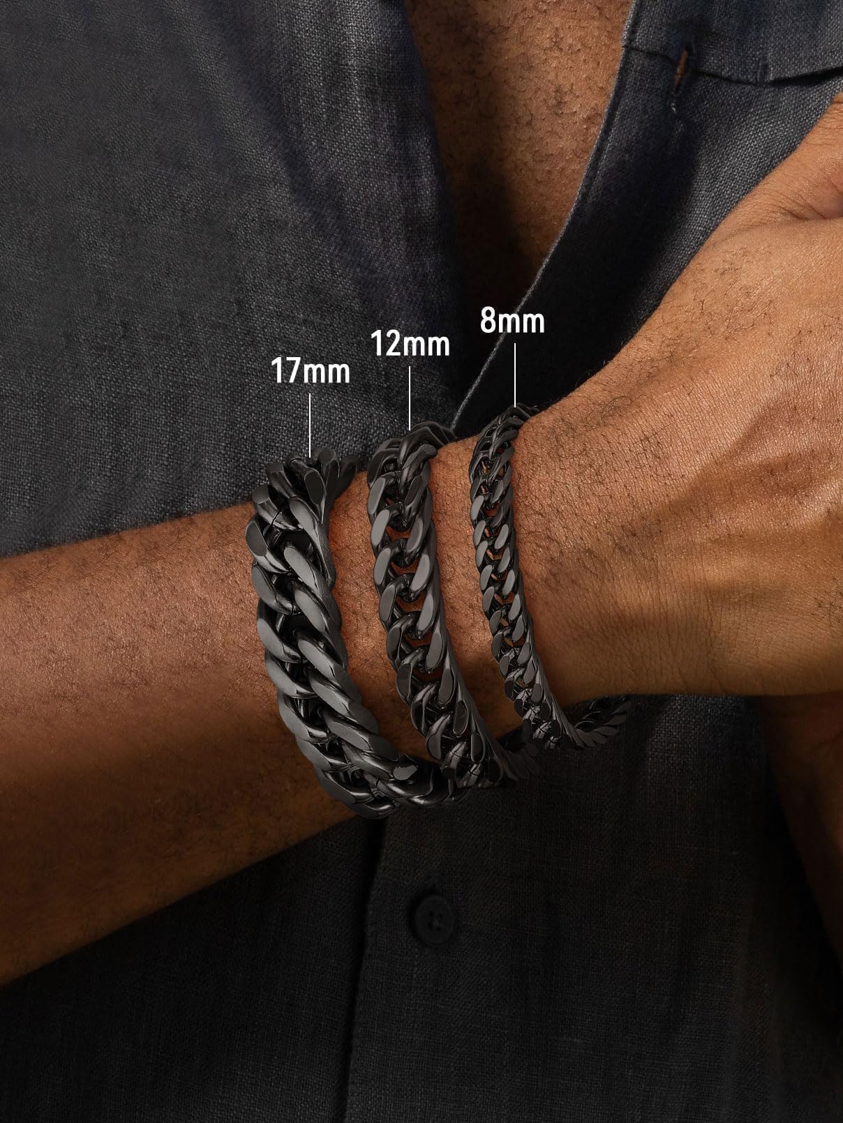 FaithHeart Cuban Link Black Bracelet for Men, 8/12/17mm Width Stainless Steel Wrist Bracelets Men's Hip Hop Jewelry 7.5/8.3/9.1 Inch Length for Valentine's Day/Father's Day/Birthday/Christmas