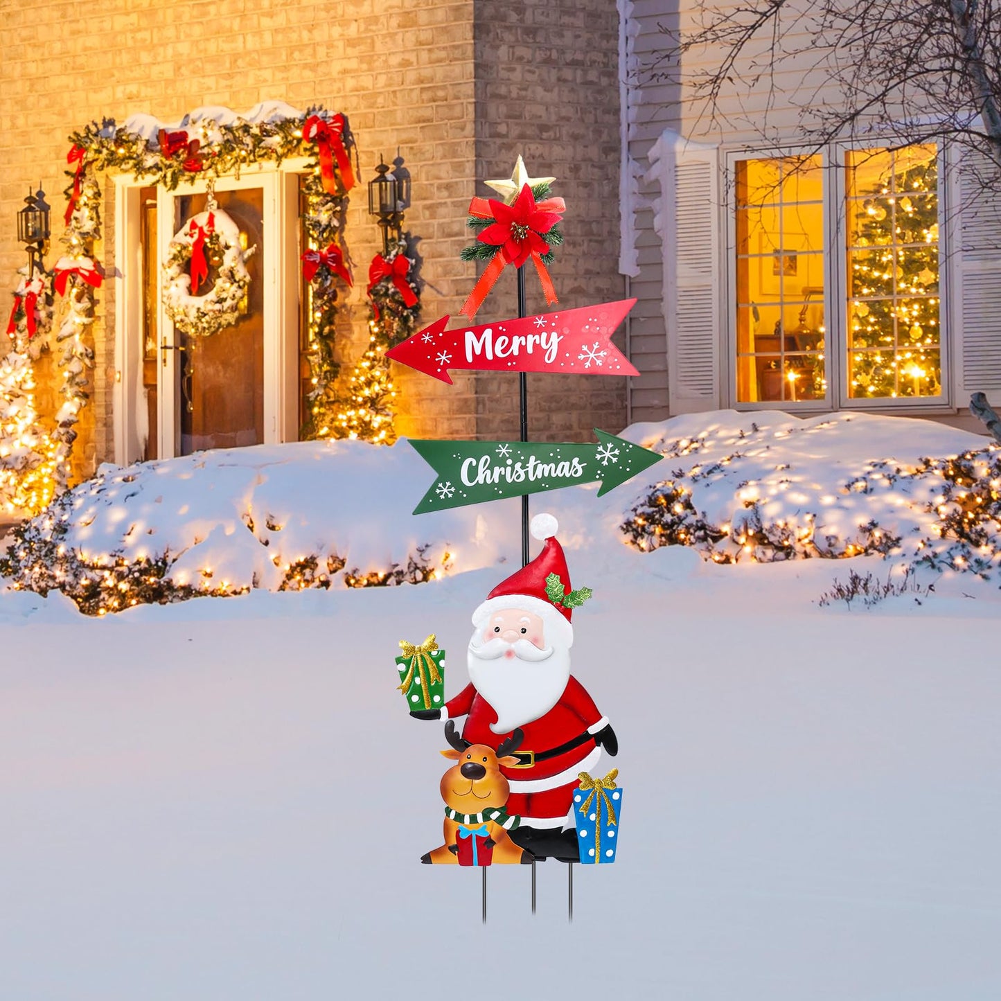 Christmas Decorations Outdoor Yards Signs, 47" Metal Xmas Santa Claus Signs with Stakes, Merry Christmas Yard Decorations for Front Door Lawn Patio Garden Outside Decor