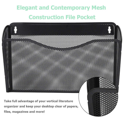 EASEPRES 3 Single Pocket Mesh Hanging File Organizer, Vertical Wall Mounted Magazine File Holder, Mount Basket Mail Paper Document Folder Organizing for Office, Home and School, Black