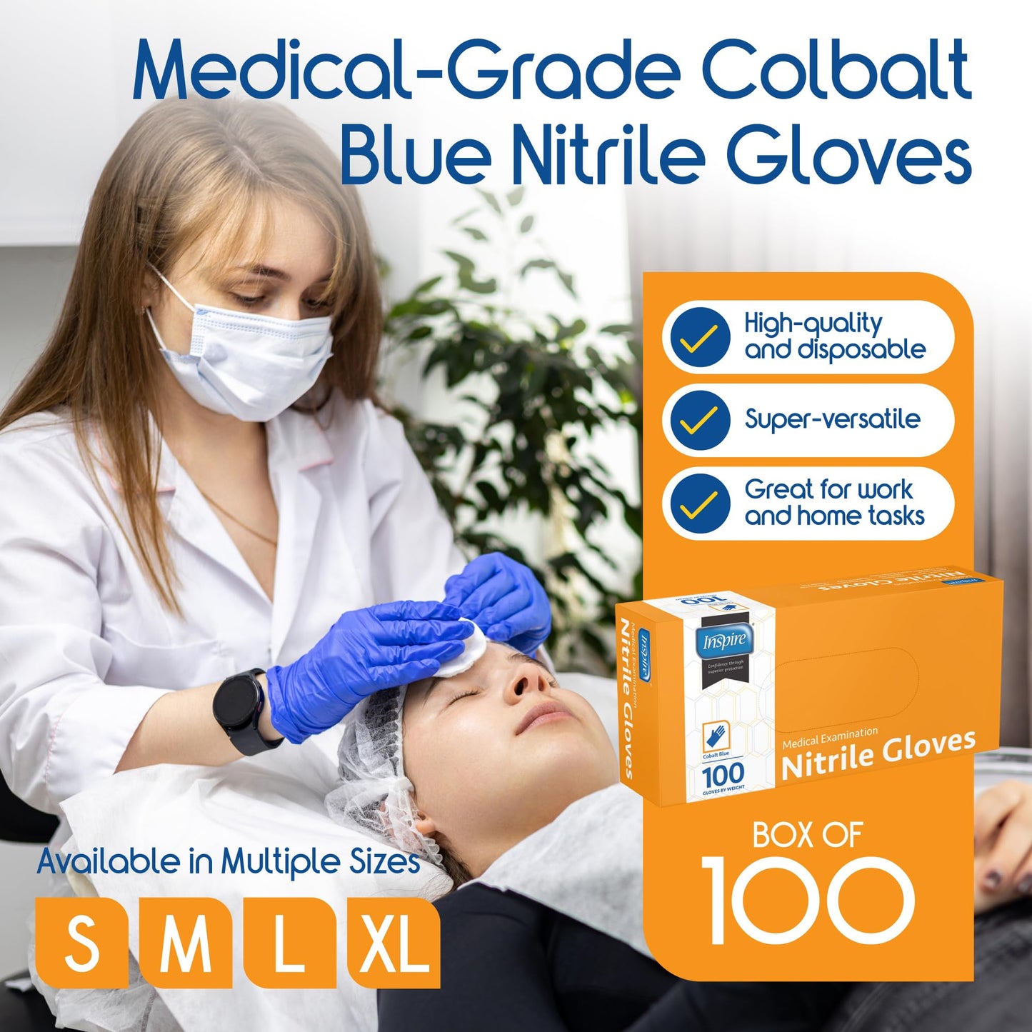 Inspire Cobalt Blue Nitrile Disposable Gloves | 4.5 Nitrile Safety Medical Exam Cooking Cleaning Disposable Gloves (Blue - Box of 100, XL)