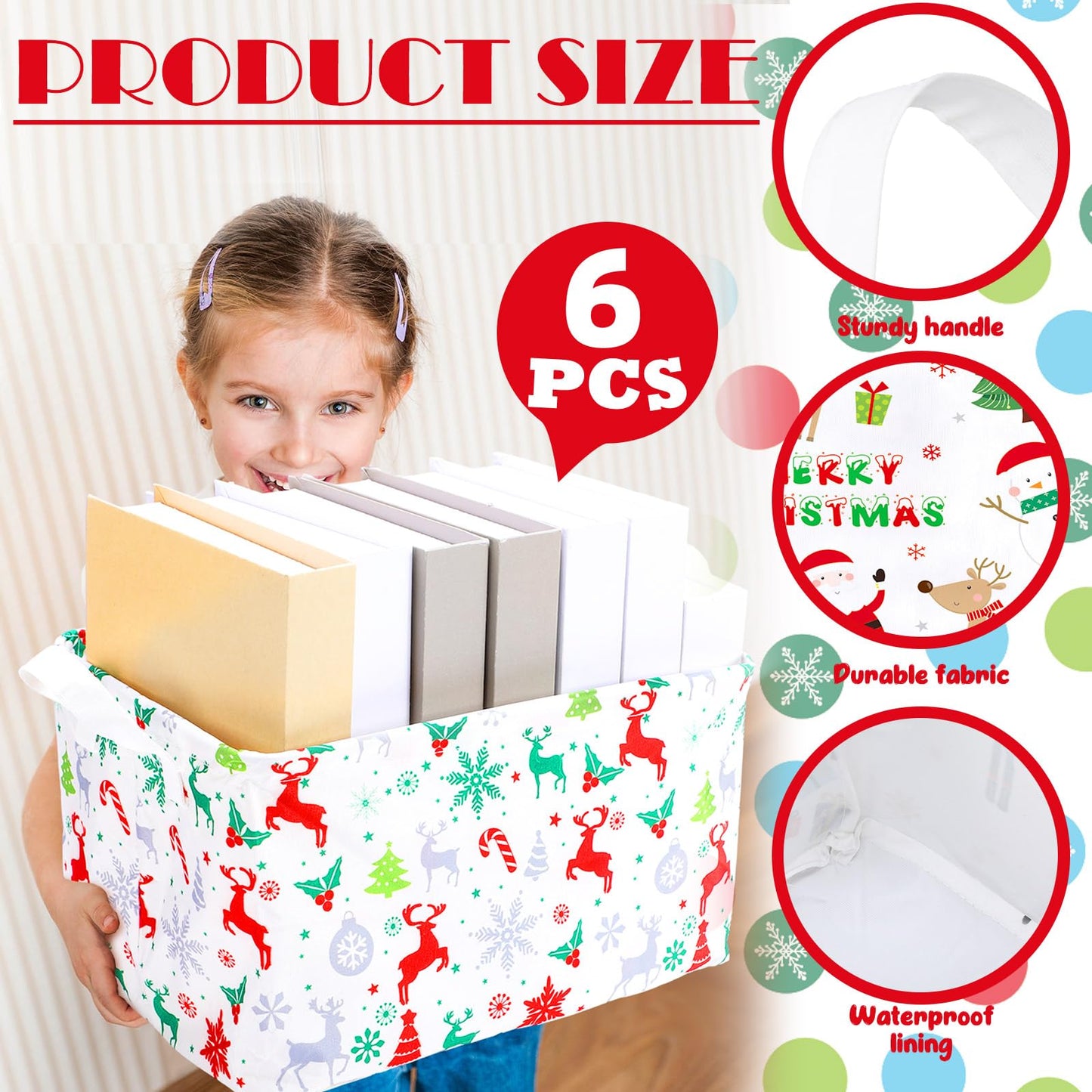 Maxcheck 6 Pcs Large Christmas Basket for Gifts Empty Foldable Xmas Gift Basket Rectangle Christmas Fabric Present Storage Boxes Bin Fabric Cubes Containers Boxes with Handles for Present Cloth Toy