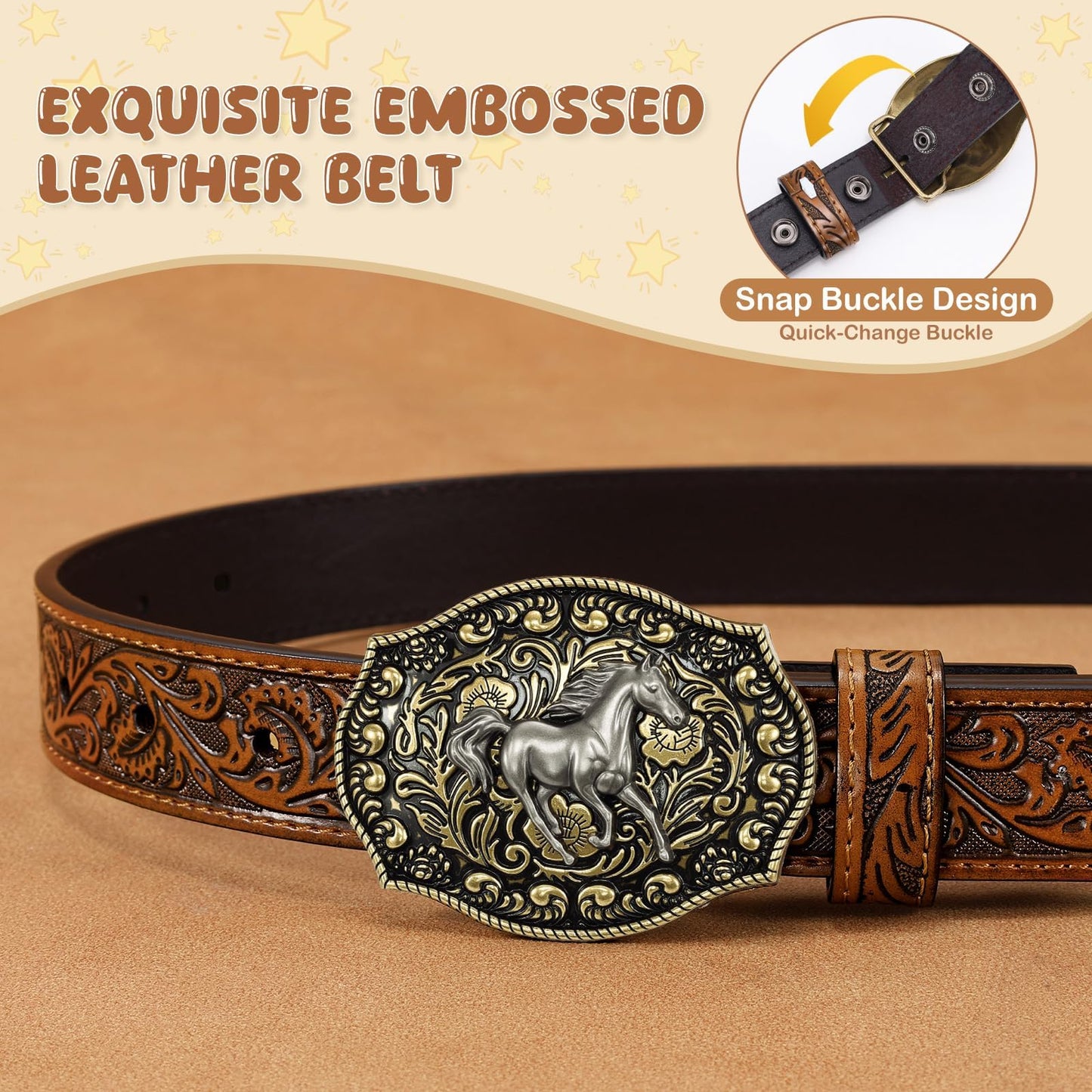 SANSTHS Kids Western Belt for Boys Girls Genuine Leather Cowboy Cowgirl Belts with Detachable Buckle for Jeans Western Gifts, Slivery Horse Buckle/Brown Belt