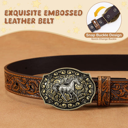 SANSTHS Kids Western Belt for Boys Girls Genuine Leather Cowboy Cowgirl Belts with Detachable Buckle for Jeans Western Gifts, Slivery Horse Buckle/Brown Belt