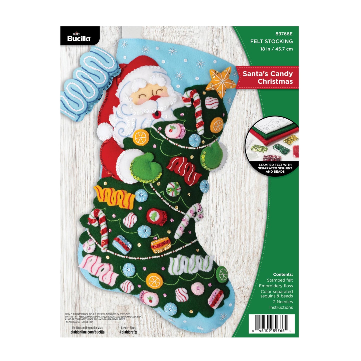 Bucilla Felt Applique 18" Stocking Making Kit, Santa's Candy Christmas, Perfect for DIY Arts and Crafts