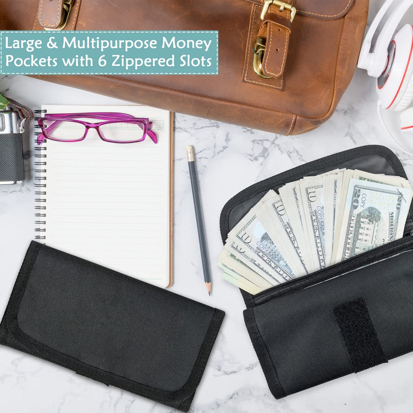 VOCHIC Money Wallet, Money Organizer for Cash with 6 Pocket Multipack Money Pouch, Cash Bill Organizer, Money Bag Small Travel Money Holder for Budgeting, Receipt and Tips