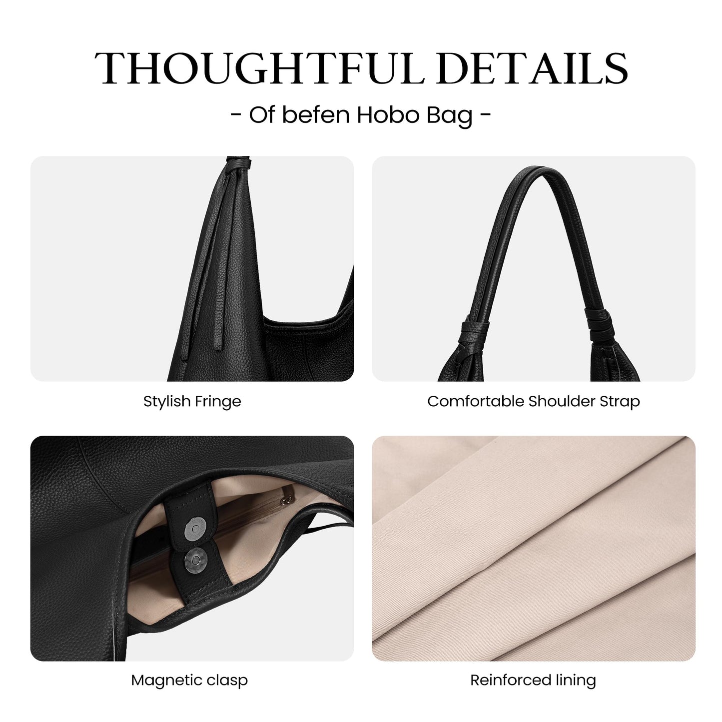 befen Genuine Leather Slouchy Hobo Purses for Women, Casual Hobo Bags Real Top Grain Leather Tote Handbags Women's Black Shoulder Satchel for Shopping, Outing, Travel