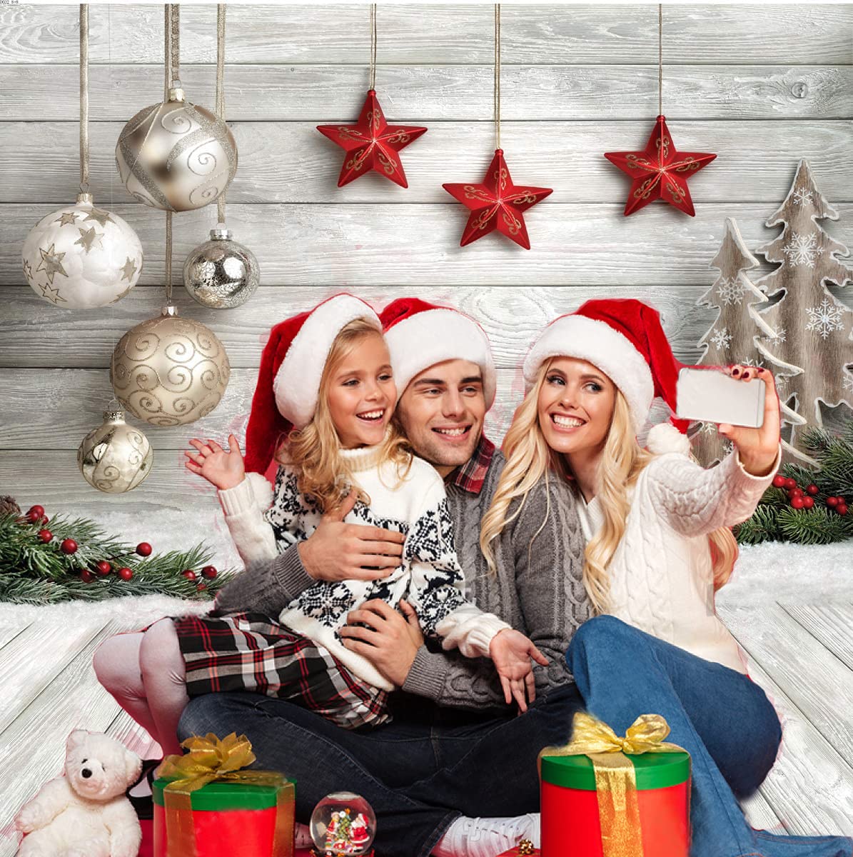 Dudaacvt 8X8ft Christmas Backdrop White Wood Floor with Snowflake Backdrop Christmas Tree Gifts Background for Family Gathering