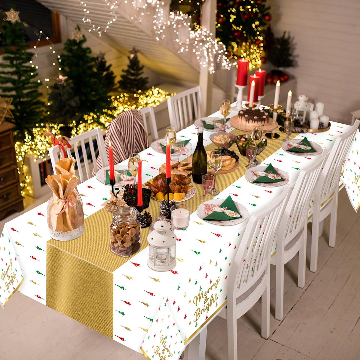 BkeeCten Christmas Winter Waterproof Tablecloths - 3 Packs Gold White Mini Christmas Tree Tablecloths Colorful Waterproof Table Cover Merry Bright Disposable Plastic Tablecloth Xmas Party Table Decor