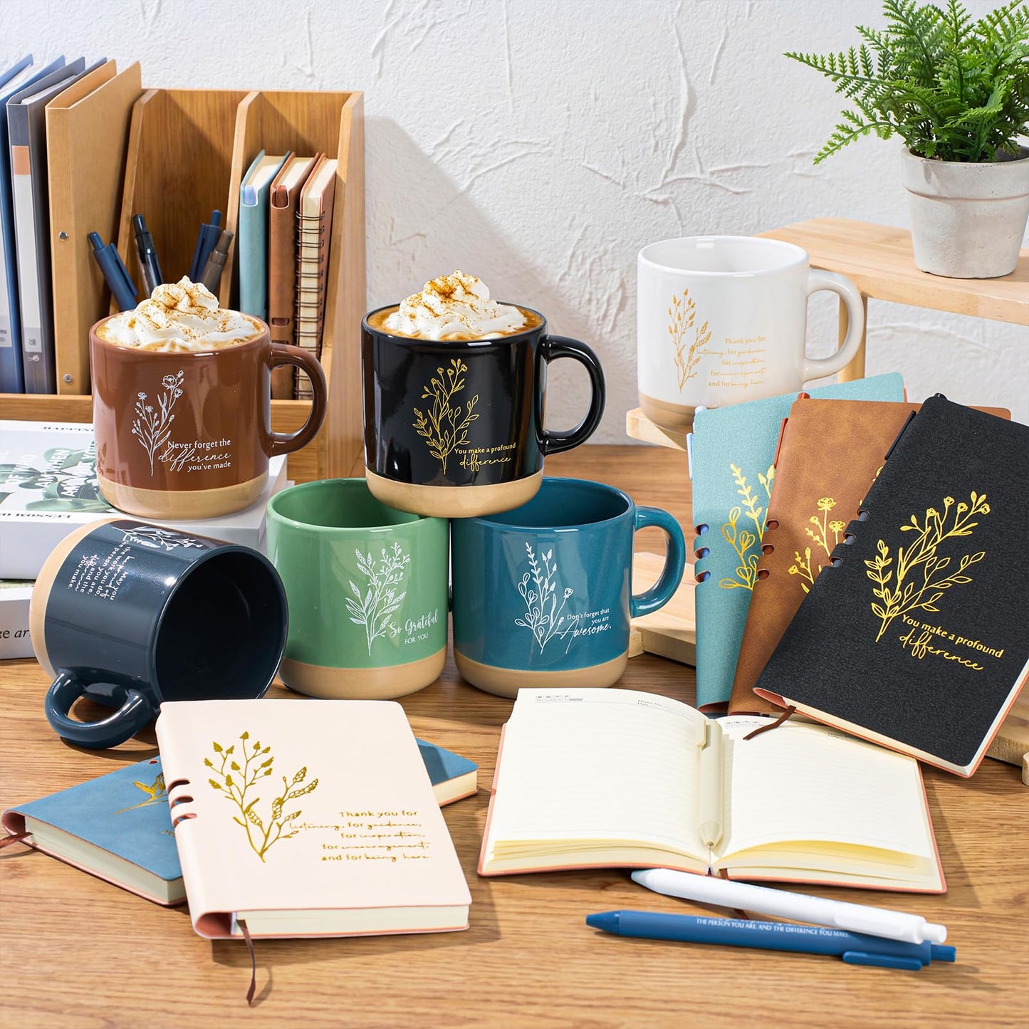 Didaey 6 Sets Employee Appreciation Gifts Set 13oz Boho Floral Ceramics Coffee Mugs with A6 Leather Notebooks Ballpoint Pens Bulk Office Thank You Gift for Coworkers Staff Team Nurse