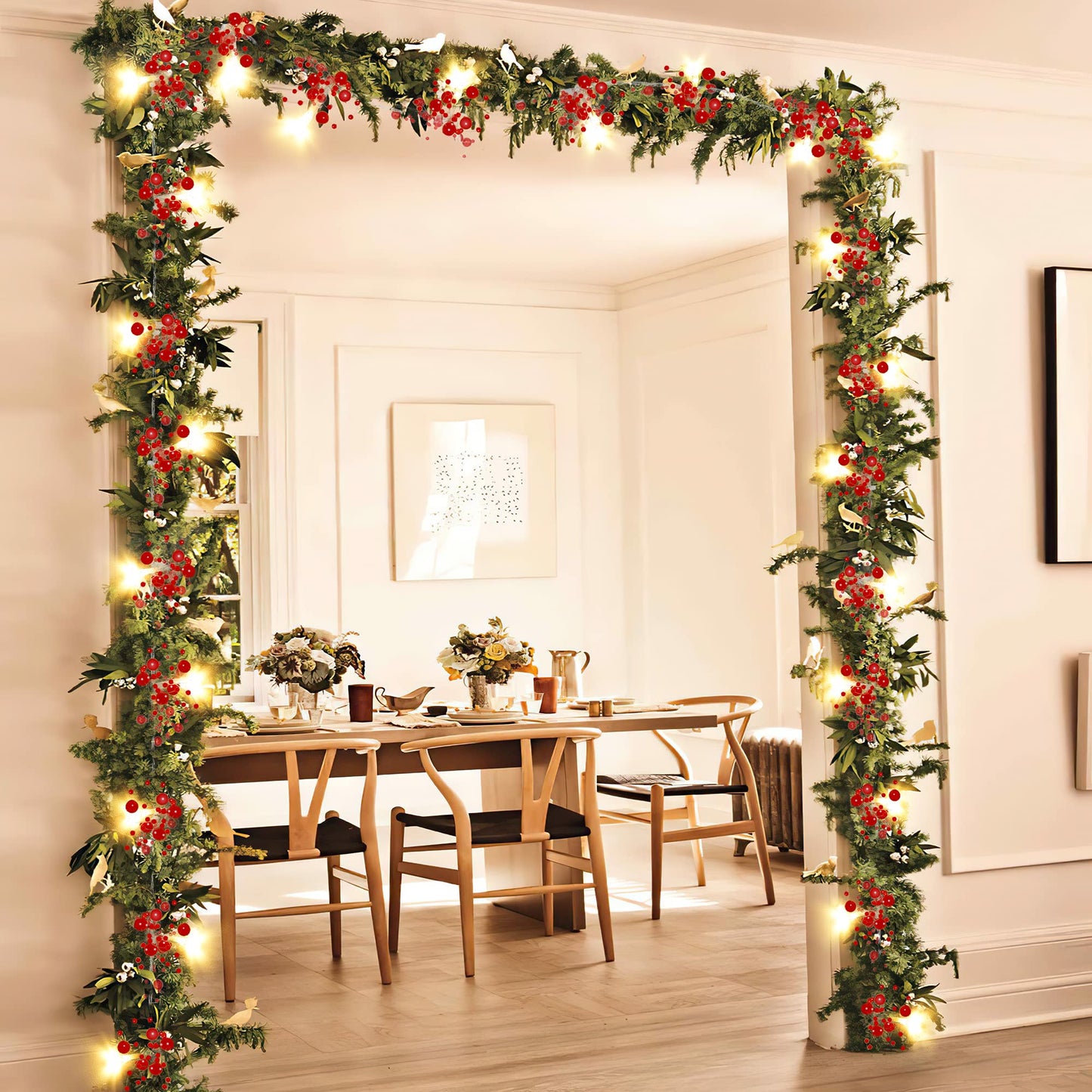 Mosoan 10FT 30 LED Christmas String Lights Battery Operated, 2 Light Modes Xmas Lighted Red Berry Garland for Christmas Tree Fireplace Decoration Indoor