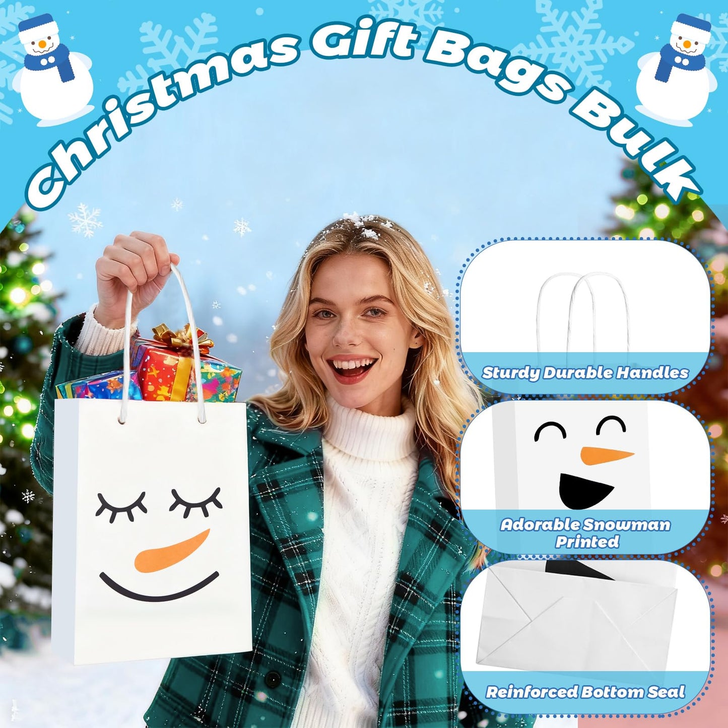 FOGWOWO 48 Pcs Snowman Gift Bags Christmas Winter Gift Bags Bulk with Handles,Snowman Goodie Bags Paper Candy Treat Bag Christmas Party Wrapping Supplies