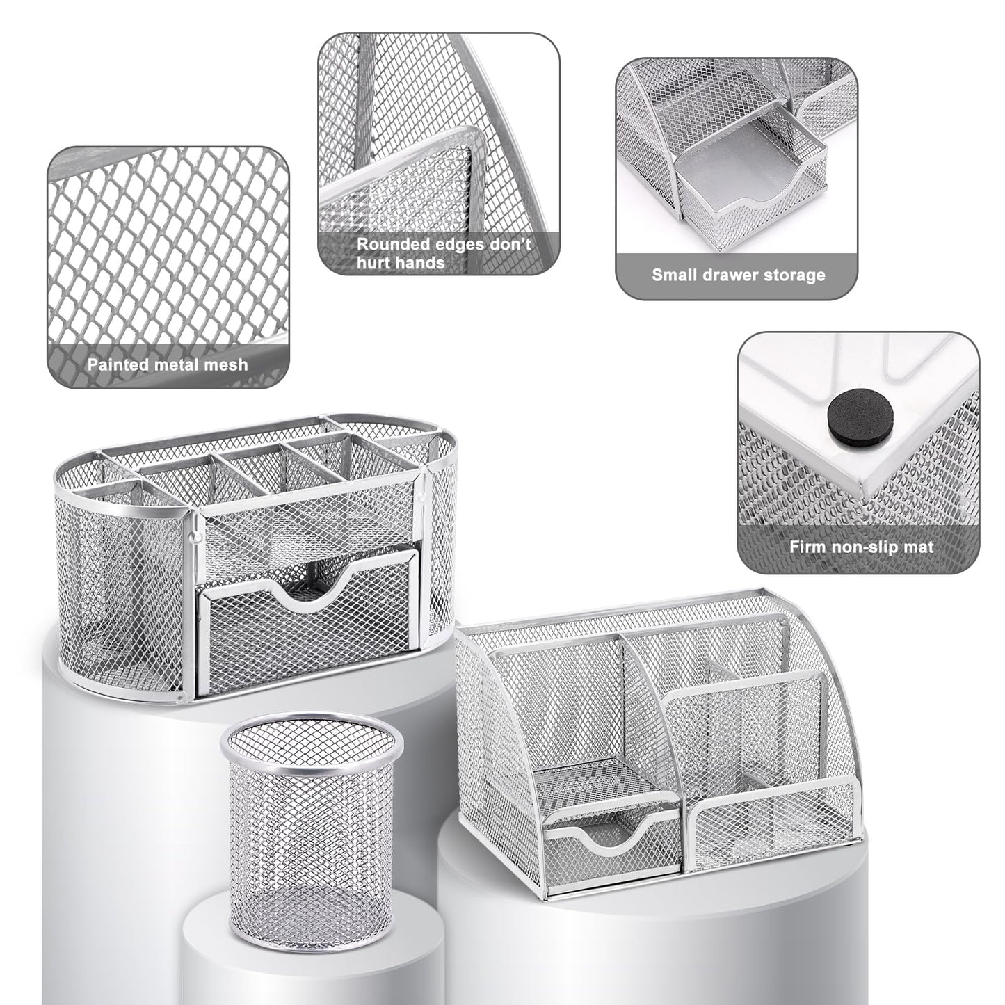 17 in1 Silvery Desk Organizers and Accessories Set, 3 Office Desk Supplies Storage Organization, 4 Pens, Stapler, Staples & Remover, Tape & Dispenser, Scissors, Ruler, Clips, Hole Punch Back to School