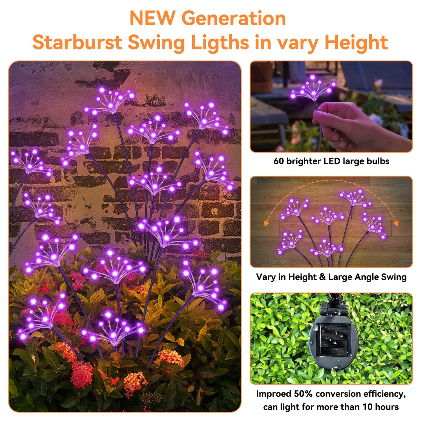 Solar Garden Lights 2 Pack Waterproof Solar Swaying Starburst Light Outdoor Lights for Yard Patio Walkway Pathway Party Wedding Christmas Decoration, Purple