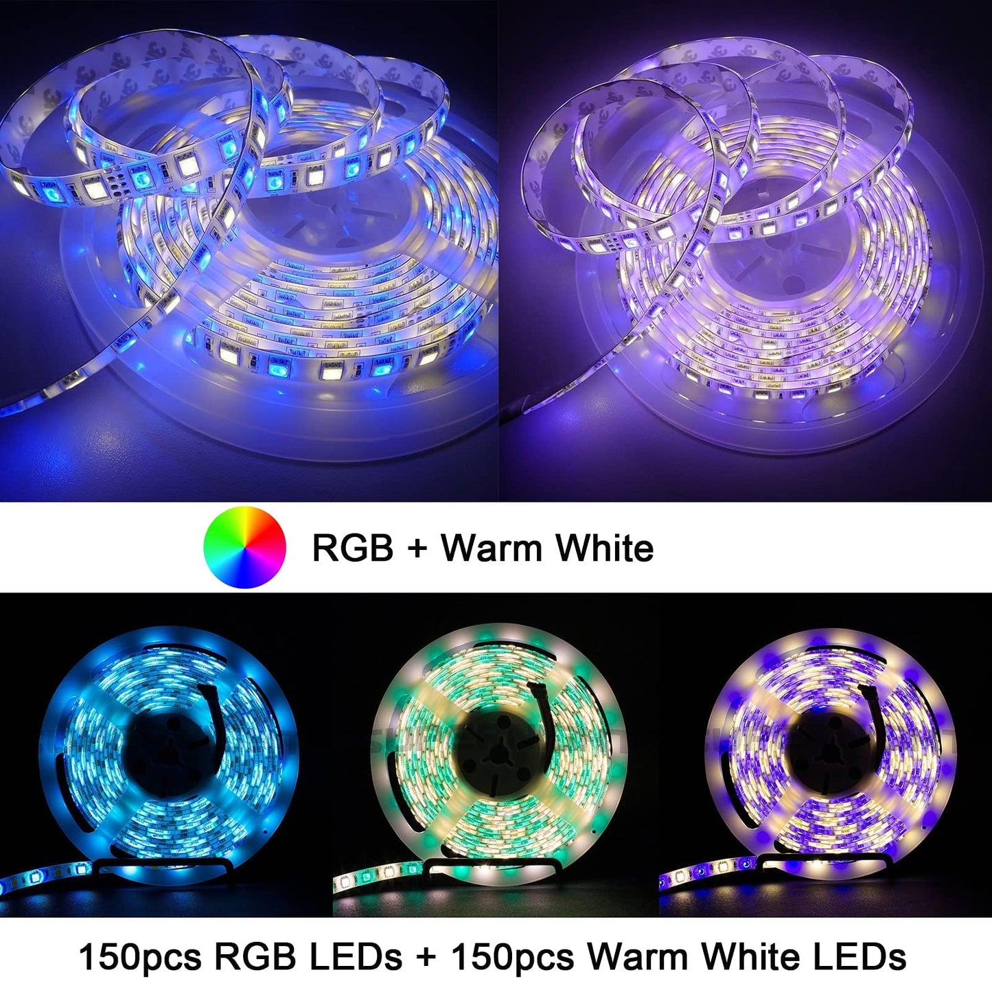 SUPERNIGHT RGBWW LED Strip Light IP65 Waterproof RGB Color Changing Rope Lighting with Warm White 3500K Color 16.4ft 300leds 5050 Tape Light (RGB + Warm White)