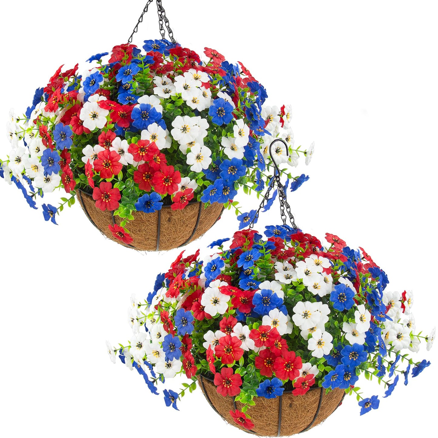 Hananona 2 Set Artificial Outdoor Flowers with Hanging Basket, 2 Hanging Planters with 24 Pcs Patriotic Flowers for Summer Front Porch Patio 4th of July Decor (Red, White, Blue)