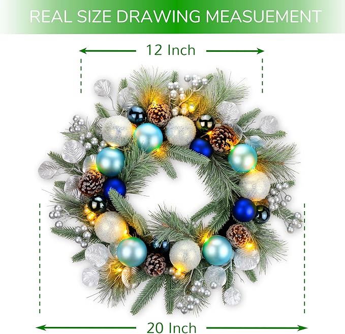 YULETIME 20-inch Christmas Wreath, Battery Operated Holiday Wreath with 20 Fairy Lights, Blue Baubles, Silvery Berries, Pine Cones, Silvery Leaves, Frosted Spruce Branches and Pine Needles (Blue)