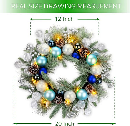 YULETIME 20-inch Christmas Wreath, Battery Operated Holiday Wreath with 20 Fairy Lights, Blue Baubles, Silvery Berries, Pine Cones, Silvery Leaves, Frosted Spruce Branches and Pine Needles (Blue)