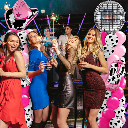 Kasyat 2 Sets Disco Cowgirl Balloon Column Stand Kit with 4d Cowgirl Hat Boots Disco Ball Exploding Stars Balloons Hot Pink Silver Arch Kit for Floor for Western Birthday Party Decorations