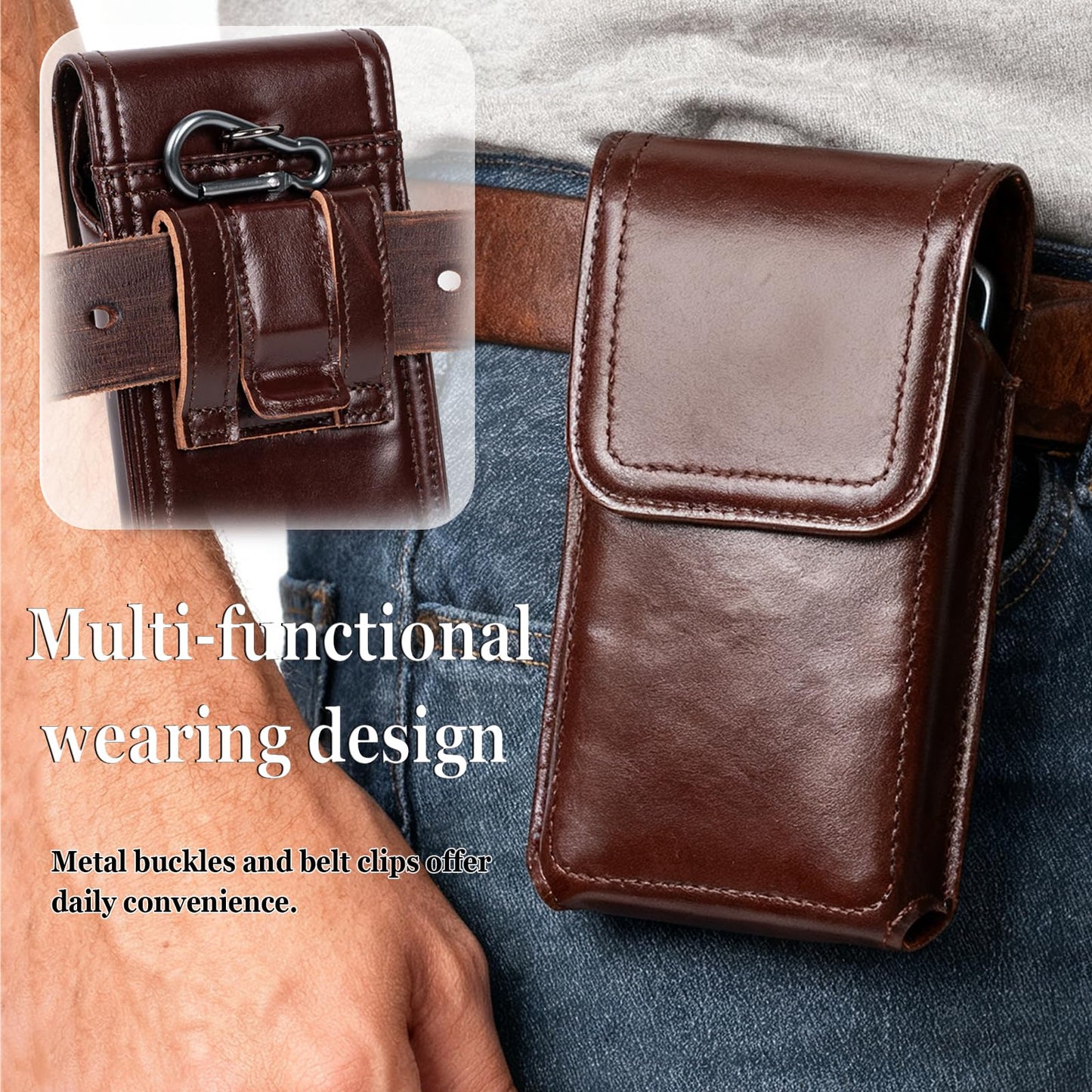 Ariscobull - Leather Phone Holster - Genuine Full-Grain Buffalo Leather Cell Phone Holsters - for iPhone 16, 15, 14, 13pro, Galaxy S24, S23, S22-7.3" X 3.8" (Coffe, Large)