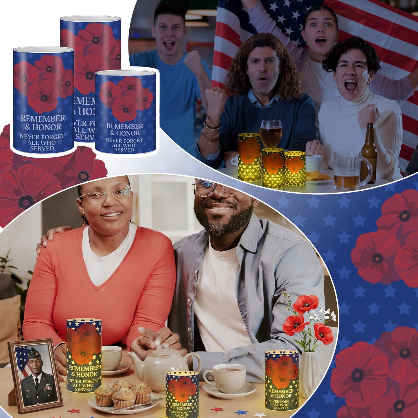 Baquler 3 Set Patriotic Flameless Candles White Red Blue Lampshade with LED Tea Lights Star Poppy Flower Candle Decorations for Independence 4th of July Veterans Day Tabletop Home Decor