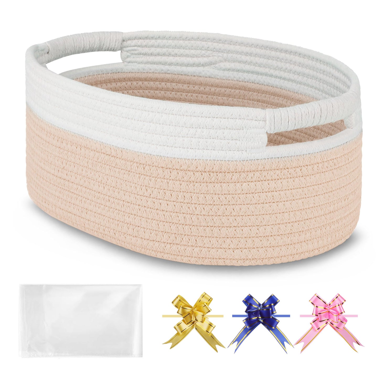 BOSROTY Small Woven Basket with Gift Bags and Ribbons, Empty Baby Gift Baskets for Kids Women Men, Shelf Storage, Small Cat Dog Pet Toy Boxes, 13”x 9”x 5.5”, Beige