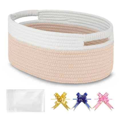 BOSROTY Small Woven Basket with Gift Bags and Ribbons, Empty Baby Gift Baskets for Kids Women Men, Shelf Storage, Small Cat Dog Pet Toy Boxes, 13”x 9”x 5.5”, Beige