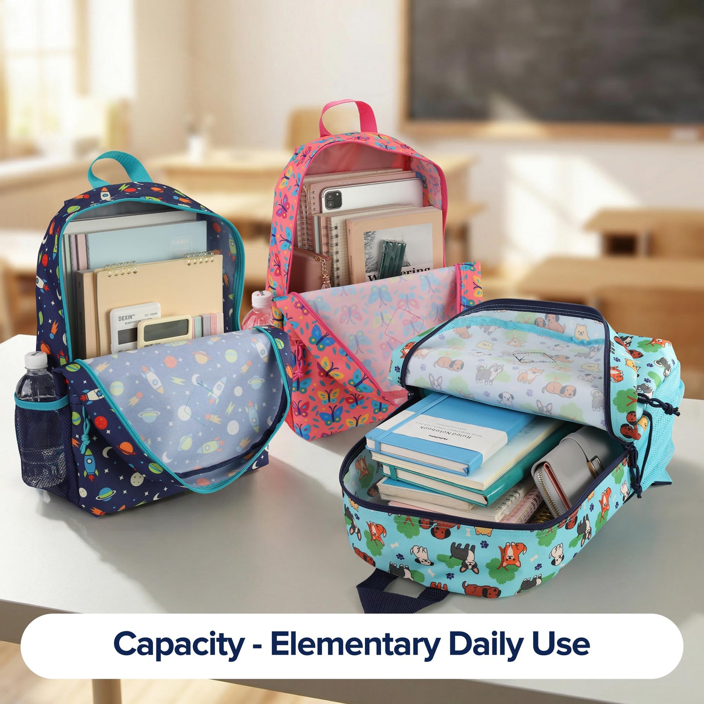SUPRANICE 24-Pack 17" Elementary Bulk Backpacks for School, Bulk Printed Bookbags for Boys and Girls Ages 5-11, Assorted Prints for School Drives, Donations, and Giveaways