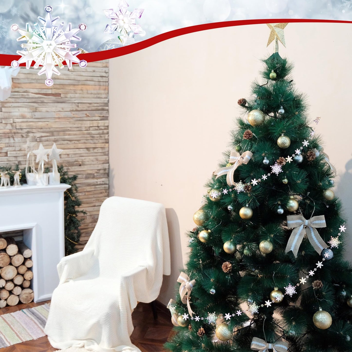 Gerrii 19.6 Feet Christmas Snowflake Tree Garland Acrylic Snow Flake Garland Iridescent Christmas Ornaments 2 Pcs Hanging Crystal Wreath for Xmas Tree Mantel Curtains, 9.8 Ft/Each