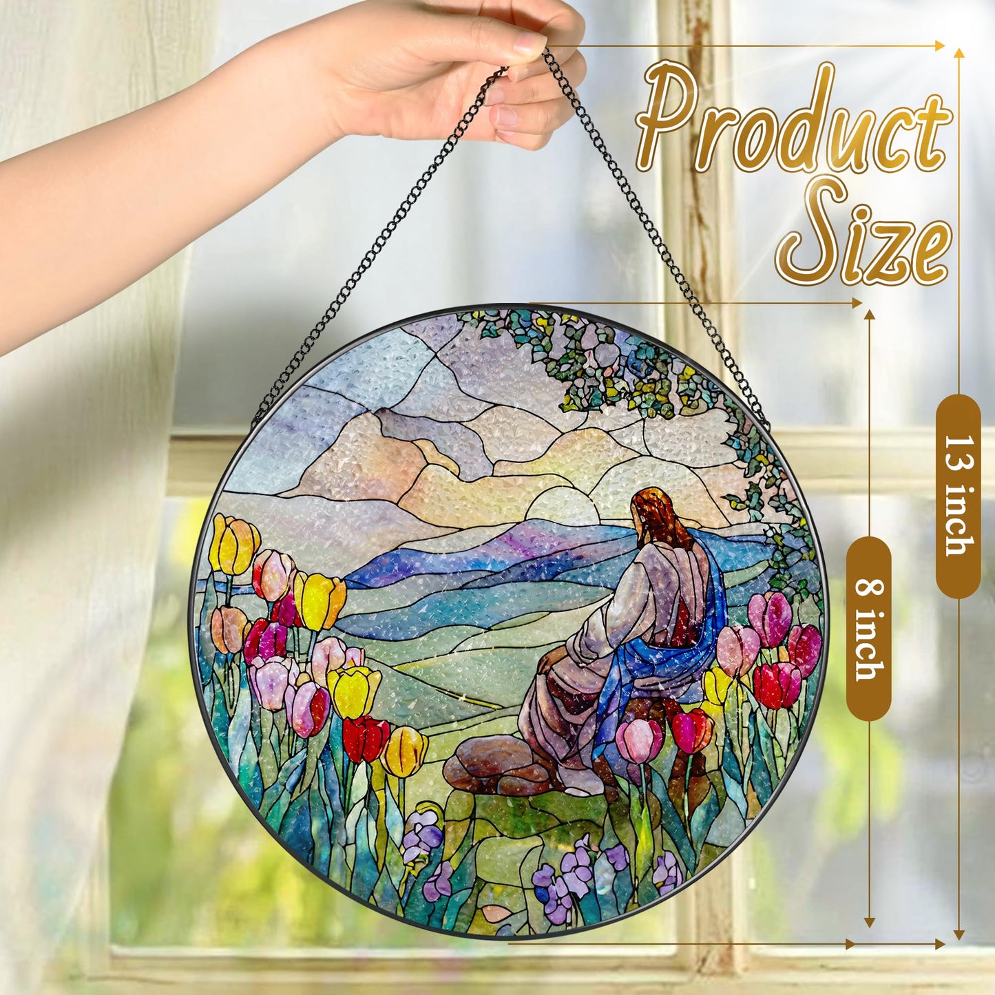 Stained Glass Suncatcher, Jesus and Sunrise Sun Catcher Ornament; Stained Glass Window Hanging, Christmas Ornament, Christian Home Decor; Baptism Gift, Christian Gifts, Religious Gifts