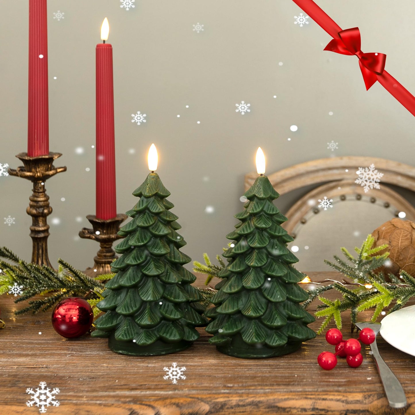 LUSHARBOR Flameless Candles with Remote Timer, 2 Pack Christmas Tree Candles Battery Operated LED Candles Real Wax Holiday Christmas Decoration for Bedroom Party Festival Gift Green