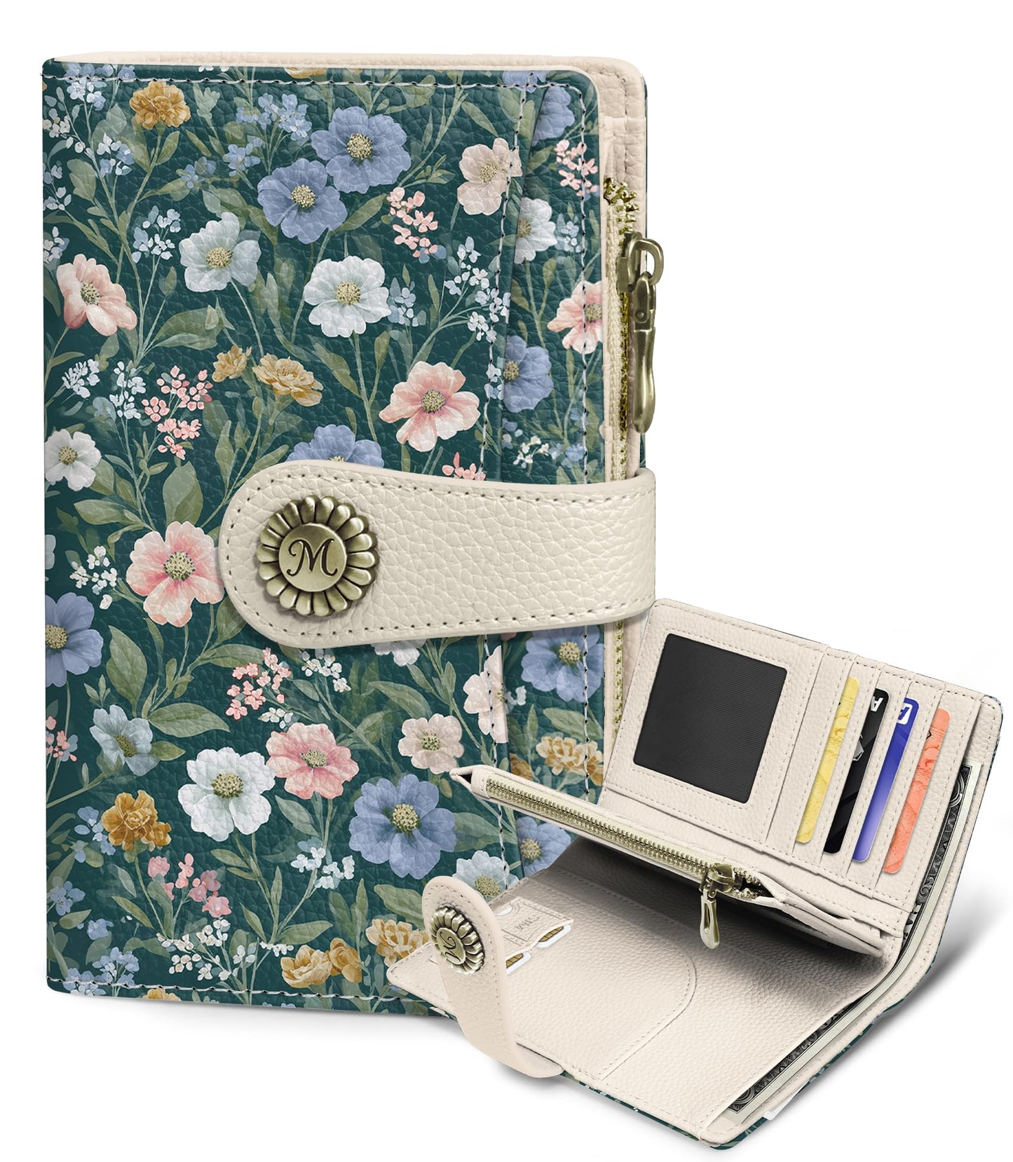 Flower Wallet Women RFID Blocking Bifold, Cute Passport Holder, Zipper Coin Pocket, Credit Card Holder, Travel billfold, PU Leather, Clutch, Cash Purse, Pen Holder, Gift for Woman Ladies Female Girls