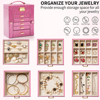 AKOZLIN 6-Tier Jewelry Box Lockable Leather Jewelry Storage Case with 5 Drawers for Women Girls Ring Necklace Earring Bracelet Holder Organizer with Mirror Rose