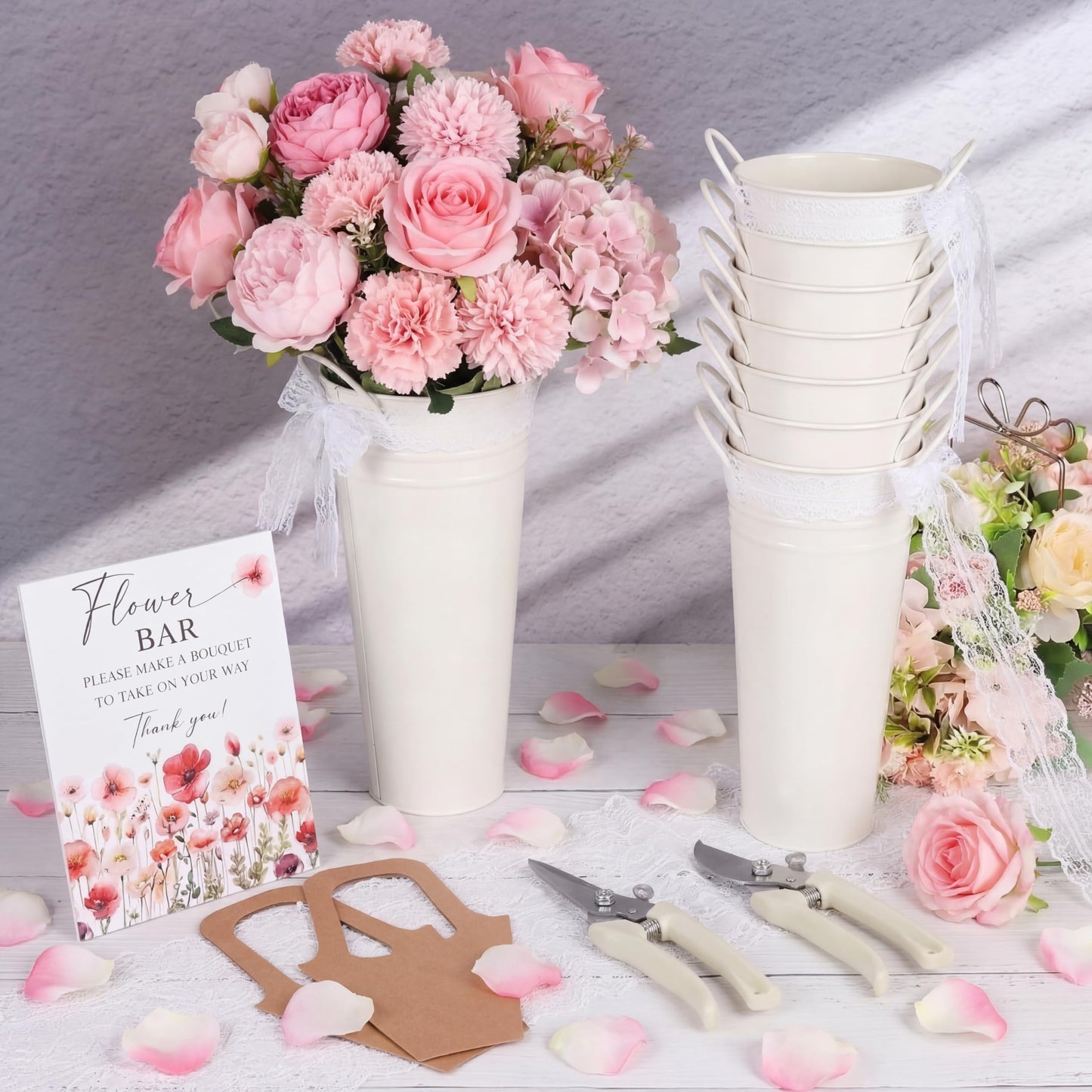 LEIFIDE Flower Bar Buckets Set Kit Bloom Bar Supplies Include Wood Sign Gift Bags Iron Bucket Garden Flower Shears for Wedding Bridal Shower Graduation Birthday Table Centerpieces(39 Pcs,Light Beige)