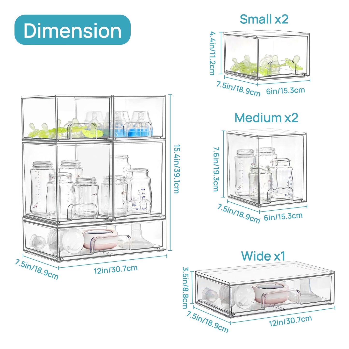 Vtopmart Stackable Storage Drawers Set of 5, Clear Plastic Organizer Bins for Baby Bottle, Beauty Supplies Storage, Ideal for Kichen Countertop, Vanity, Bathroom, Cabinet, Pantry Organization