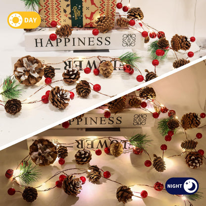 RECUTMS Christmas Garland Decoration with Lights,2PCS 7FT 20LED Pine Cone Red Berry Bell Battery Operated Christma String Light, Lighted Up Pinecone Vine Indoor Xmas Tree New Year Holiday Party Decor
