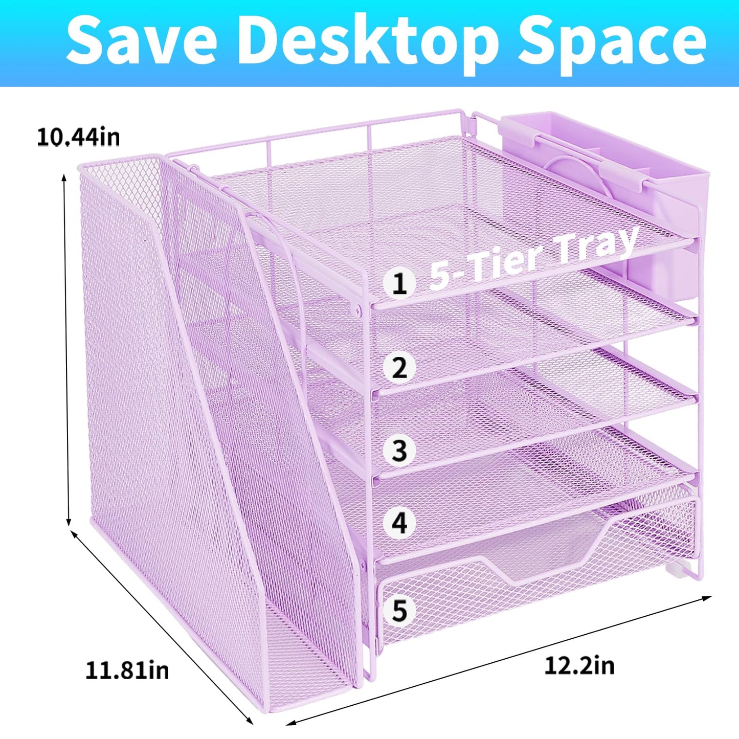 Gugsey Desk Organizer, 5-Tier Paper Letter Tray Organizer with File Holder, Drawer and Pen Holder, Desktop Organizer for Office Supplies, Purple