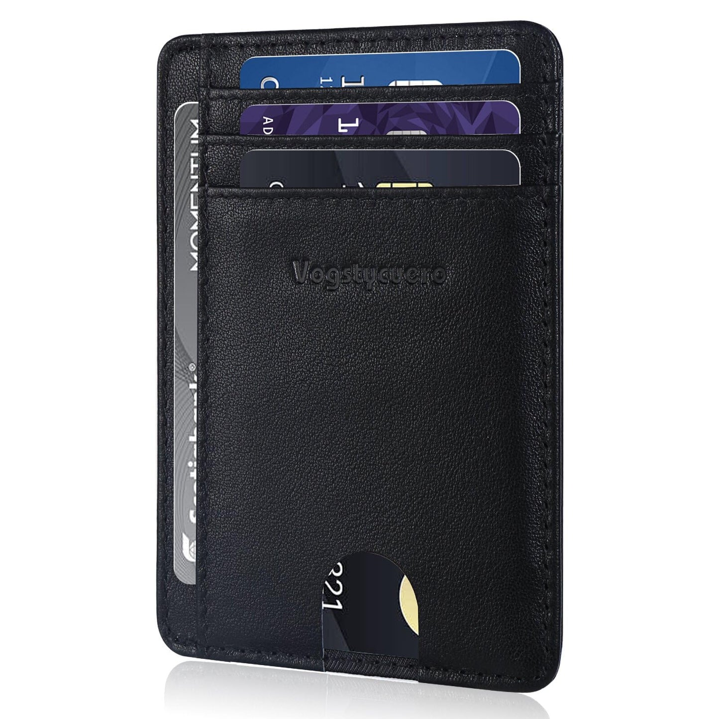 VOGSTYCUERO Slim Minimalist Front Pocket Thin Wallet RFID Blocking 100% Genuine Grain Leather Credit Card Holder for Men Women with Gift Box - Grain Leather Black