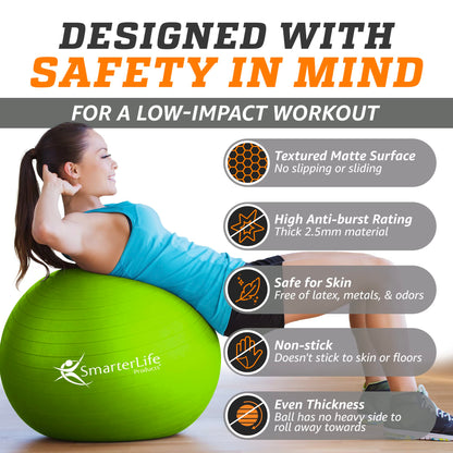 SmarterLife Exercise Ball Yoga Ball for Fitness, Balance, Stability, or Pregnancy, Gym Ball for Core Workout, Physical Therapy, Yoga Ball Chair for Office, Anti-Slip Anti-Burst