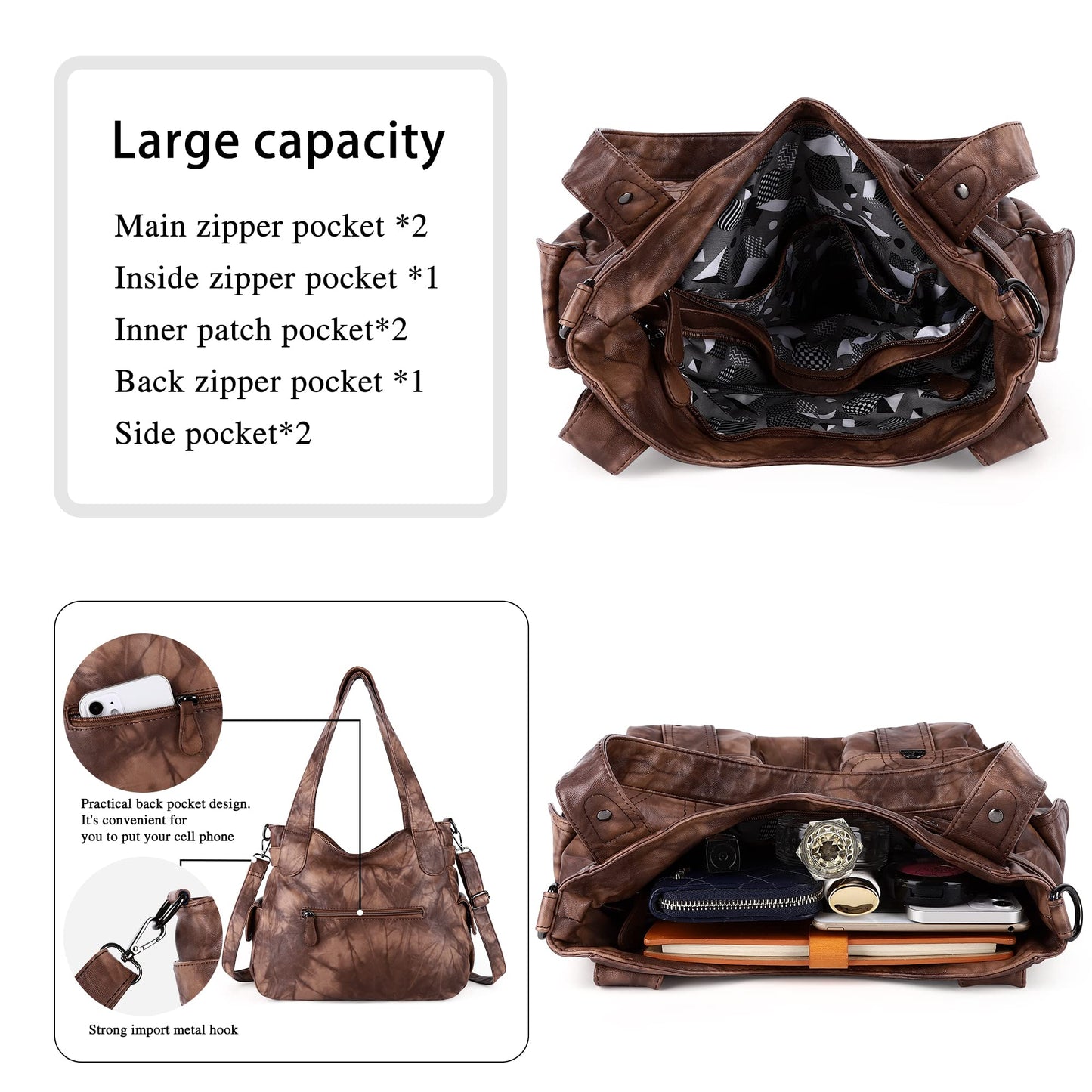 Purses and Handbags Women Tote Shoulder Top Handle Satchel Hobo Bags Fashion Washed Leather Purse (5739-1#7028# 7 BROWN)