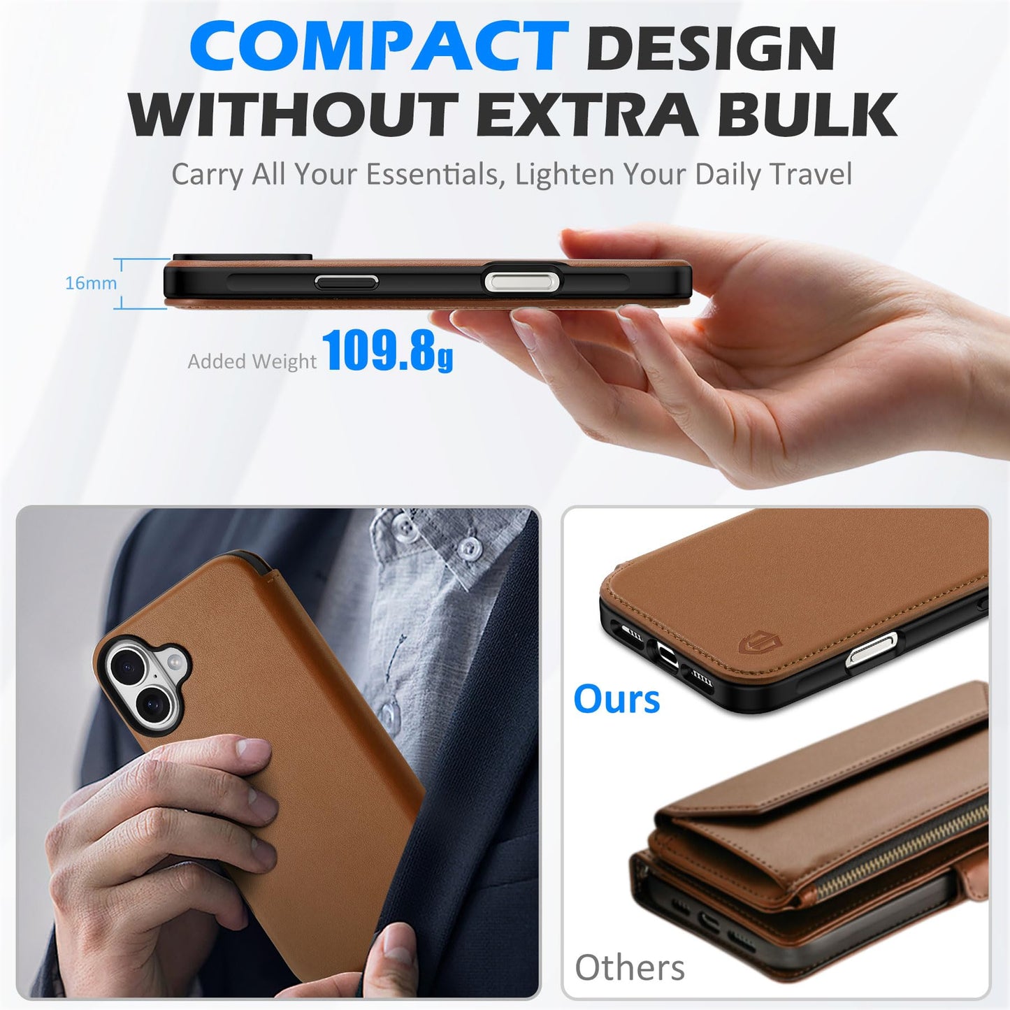 SHIELDON Wallet Case for iPhone 16 Plus 5G 6.7", Genuine Leather Slim RFID Blocking Card Case Folio Magnetic Shock-Absorbent Wireless Charging Compatible with iPhone 16 Plus - Saddle Brown
