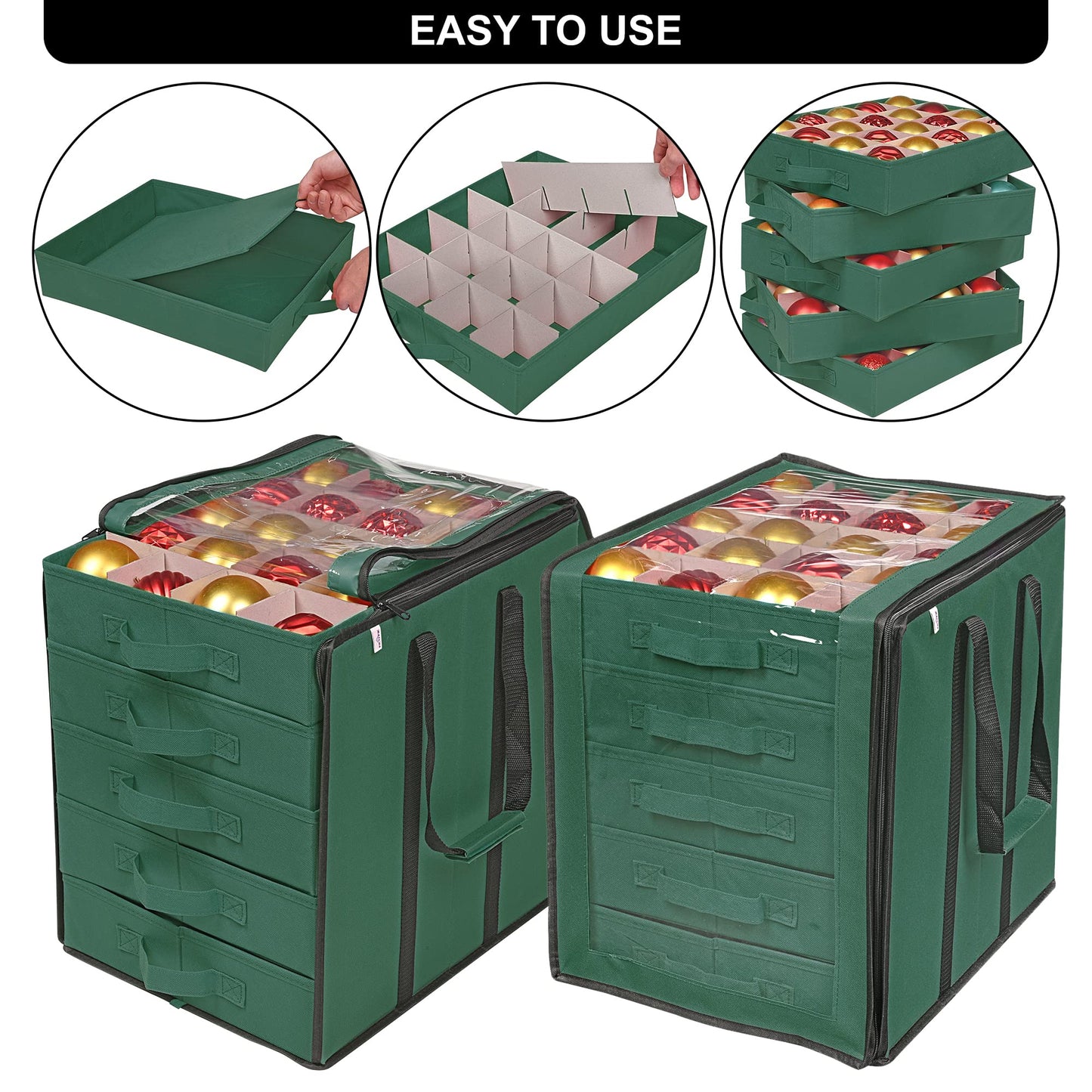 ProPik Christmas Ornament Storage Boxes with Dividers - 5 Separate Trays - Ornament Holder - Keeps 100 Holiday Ornaments - Durable Carrying Bag Handles Organizer Storage Box (Green)