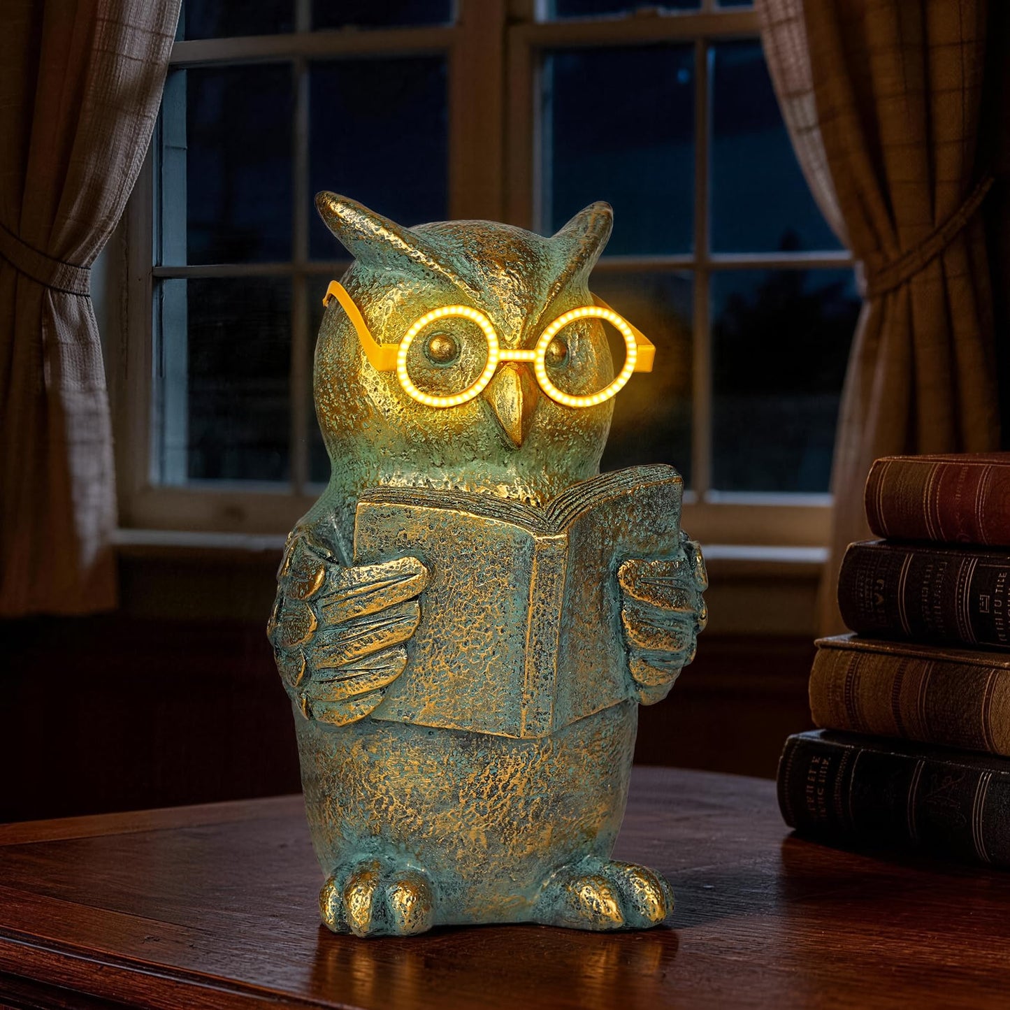 zuzuzen Reading Owl Statue with Solar Glasses Bronze Resin Garden Decoration Outdoor Figurine Light for Patio, Yard, Lawn, Housewarming Home Decor Gift for Women