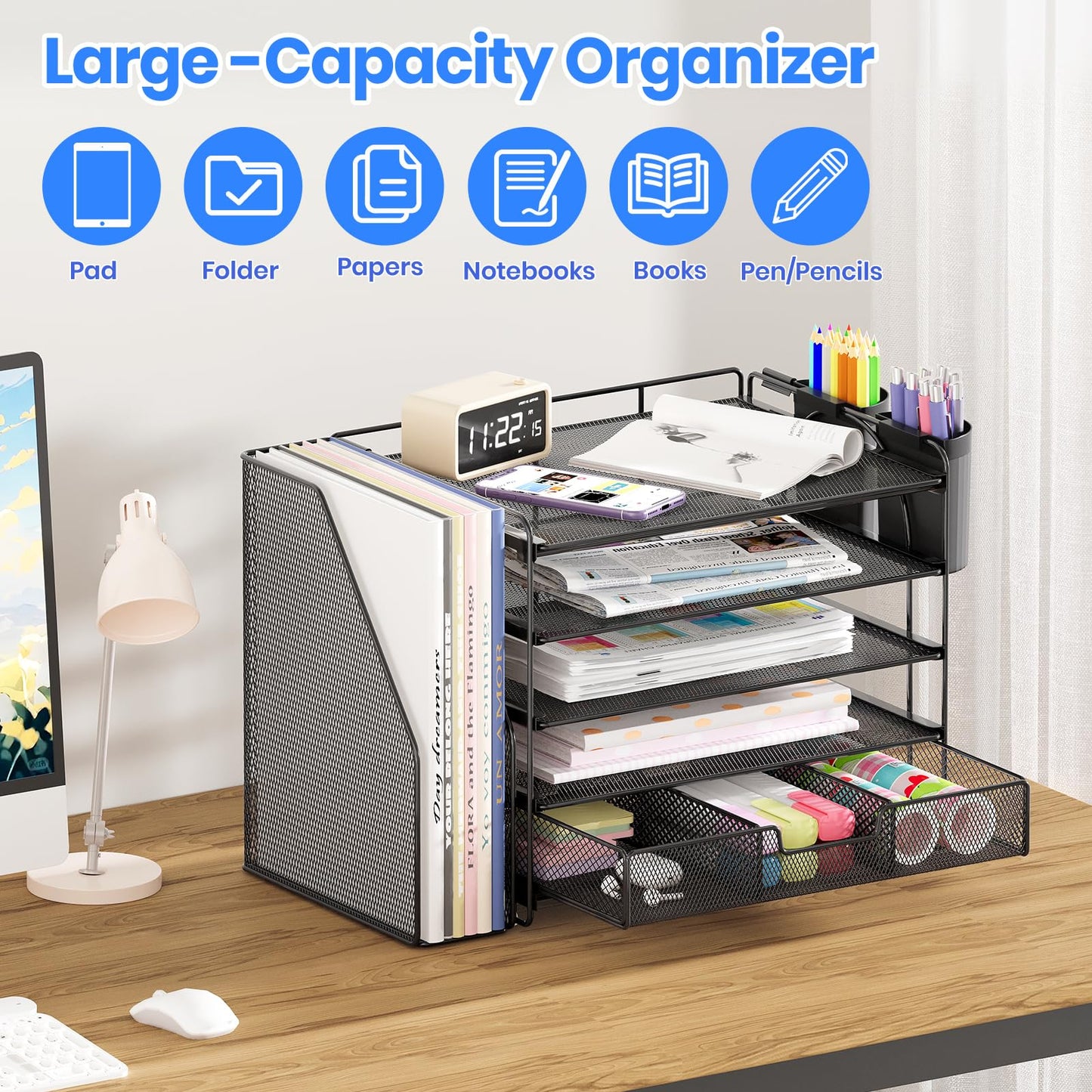 OPNICE Desk Organizer, 5-Tier Paper File Organizer with Drawer & Pen Holder, Office Desk Accessories, Workspace Desktop Organizer for Office Supplies(Black)