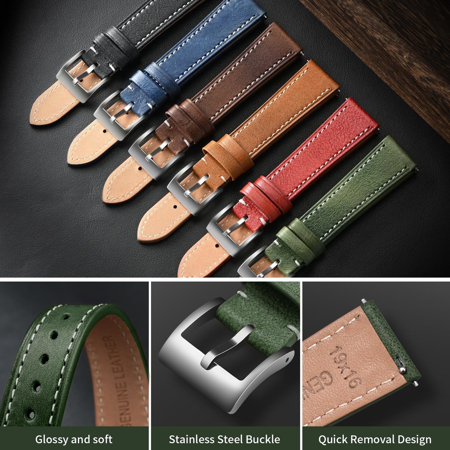 ULLCHRO Leather Watch Straps for Men & Women - Quick Release - Stainless Steel Buckle - Replacement Strap - Band With 17mm, 18mm, 19mm, 20mm, 21mm, 22mm (20mm, Green)