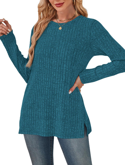 SAMPEEL Womens Sweaters Crewneck Long Sleeve Shirts with Pockets Fall Outfits 2025 Fashion Winter Clothing Side Slit