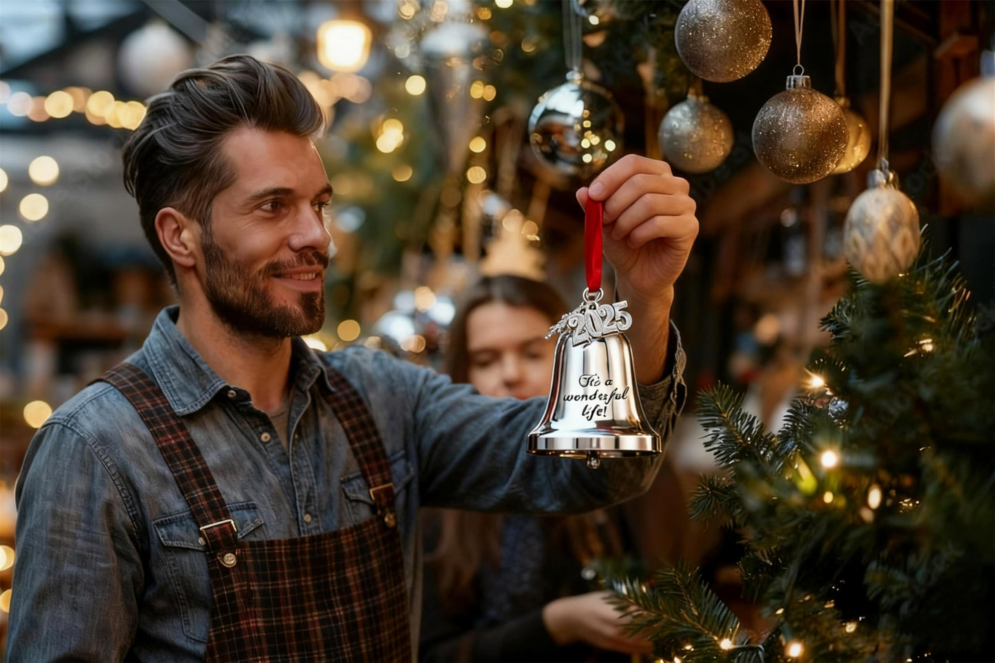 JUPPE It's a Wonderful Life Silver Bell Christmas Ornament, 3 Inch Metal Holiday Tree Decoration with Snowflake Topper, 2026 Charm and Red Ribbon (Silver)