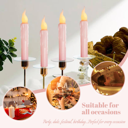 FCMSHAMD Pink Flameless Short Taper Candles, Real Wax Hand Dipped LED Battery Operated with Remote, Flickering Flame Lights for Festival Party Home Décor, 6.7 Inch Primitive Flameless Candles, 4PCS