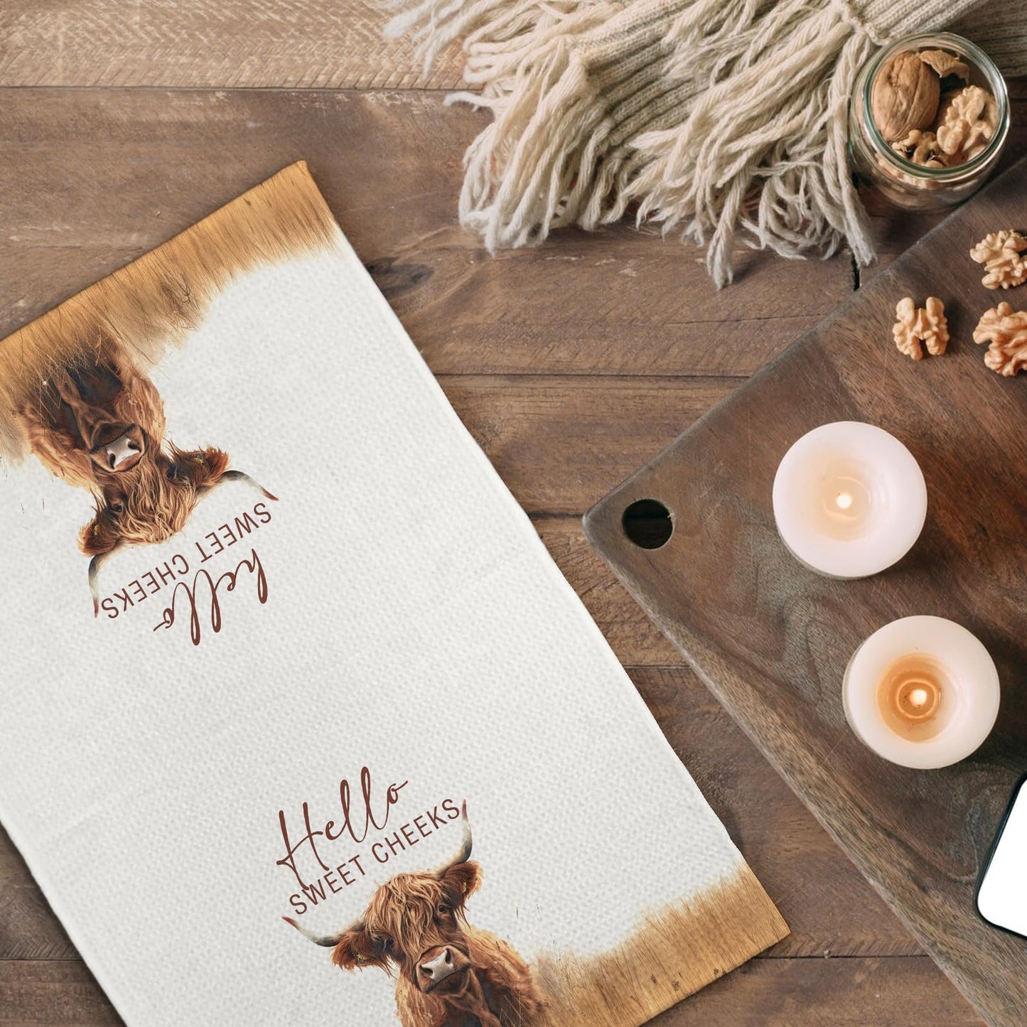 Qeheb Western Highland Cow Bathroom Decor Towels, Farmhouse Hello Sweet Cheeks Hand Towel Decorative Set, Christmas Bathroom Decor, Christmas Highland Cow Lover Gifts Hand Dish Tea Towels 16x24in